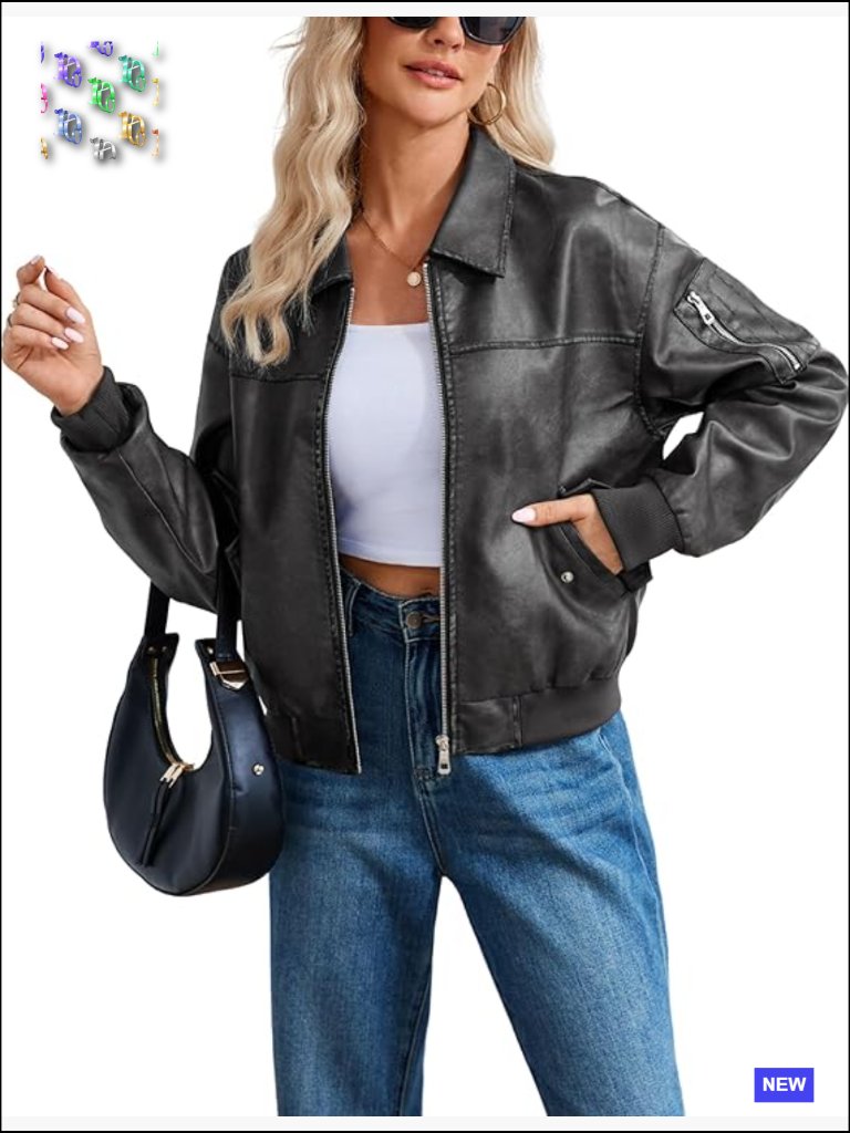 Faux Leather Moto Biker Jacket Zip Up Bomber Coat Oversized Classic